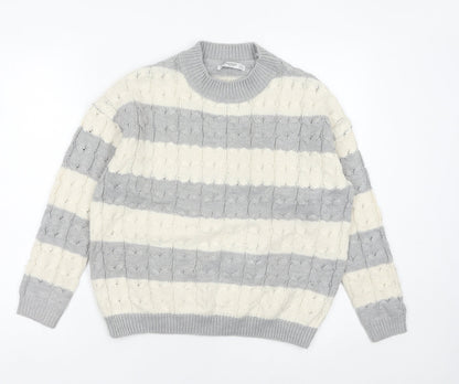 Mango Womens Grey Ivory Striped Cable Knit Jumper Size 8