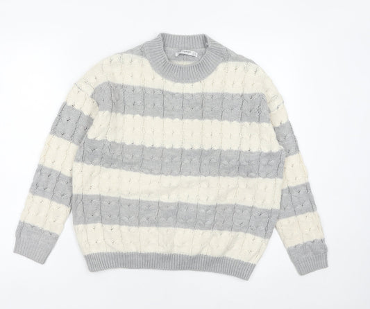 Mango Womens Grey Ivory Striped Cable Knit Jumper Size 8