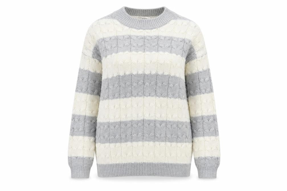 Mango Womens Grey Ivory Striped Cable Knit Jumper Size 8