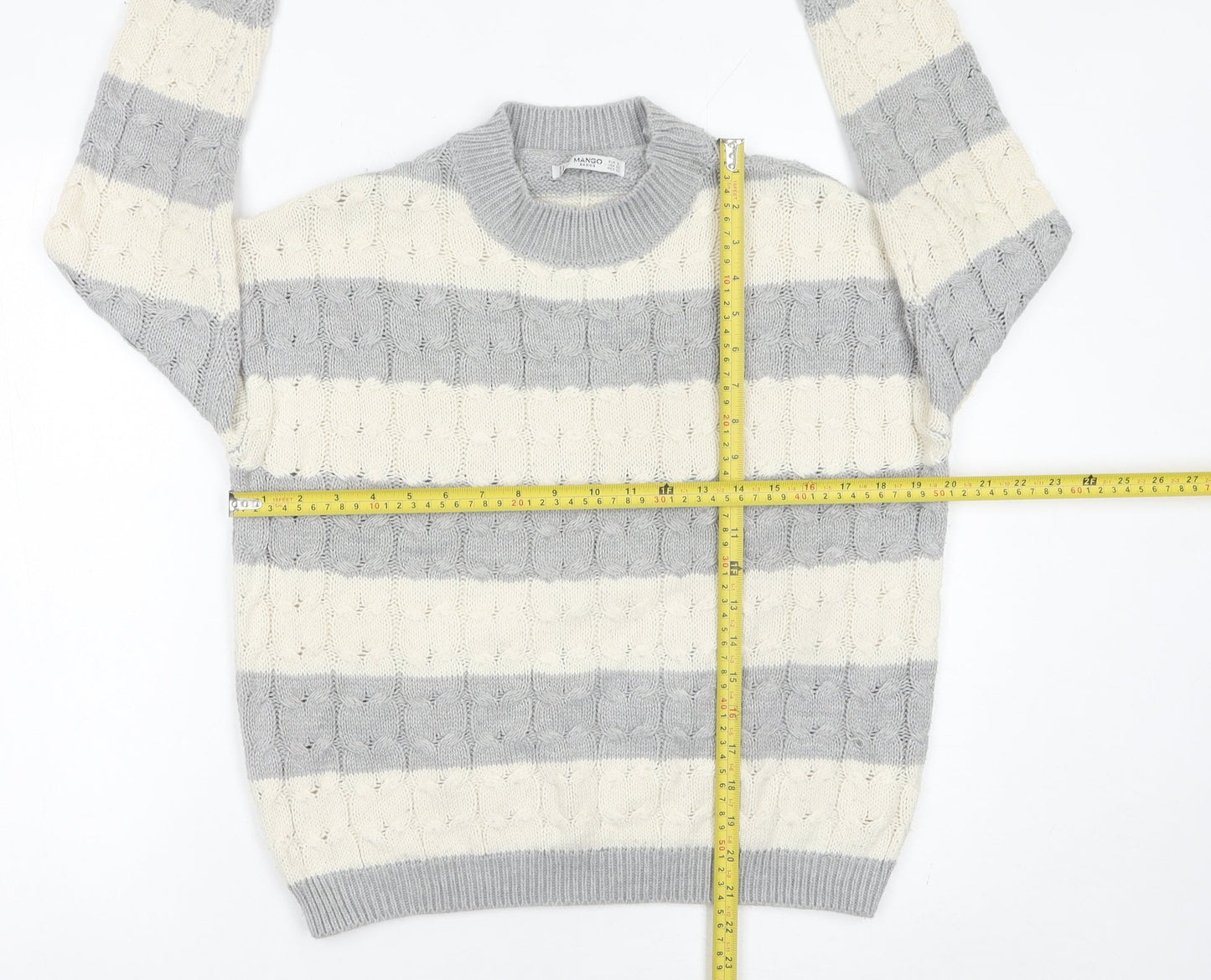 Mango Womens Grey Ivory Striped Cable Knit Jumper Size 8