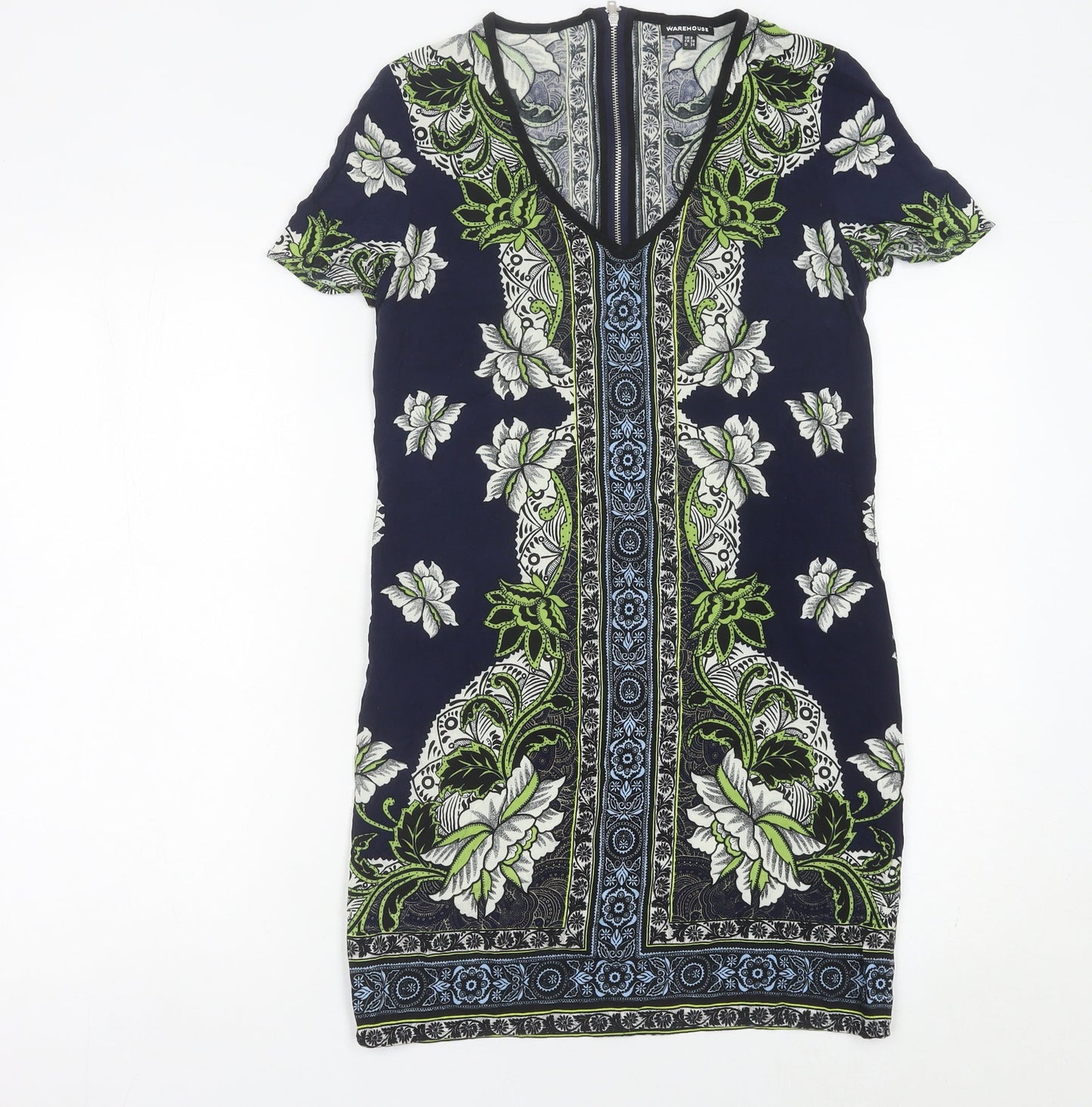 Warehouse Women’s Blue Floral Sheath Dress Size 8 V-Neck