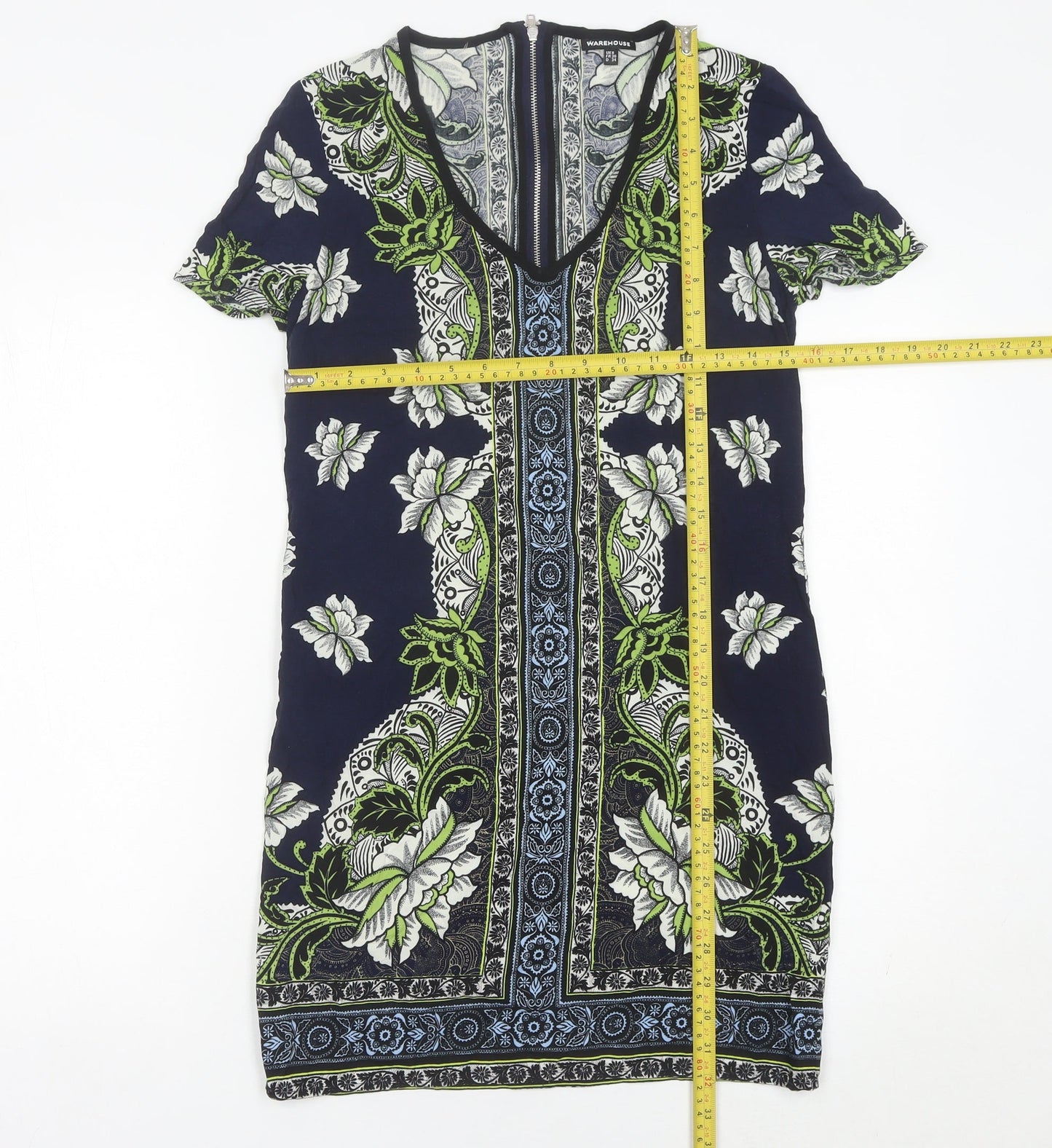 Warehouse Women’s Blue Floral Sheath Dress Size 8 V-Neck