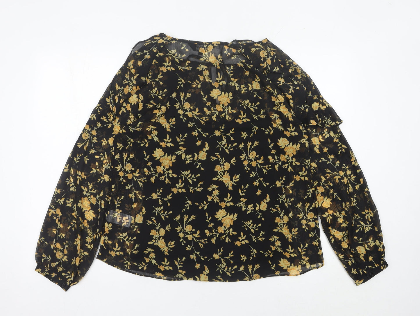 ENVY Womens Black Floral Tunic Blouse Size 14 Long Sleeve Sheer Top