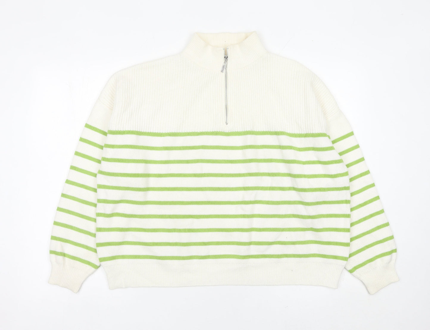MNG Womens White Green Striped Half Zip High Neck Jumper L