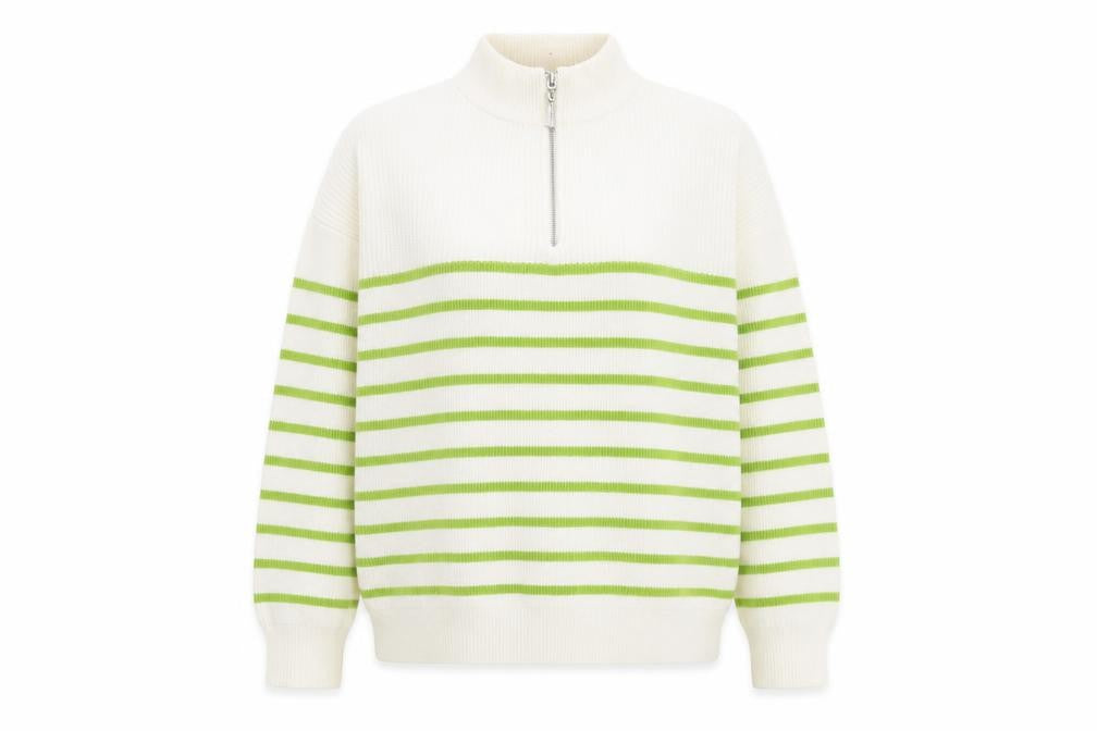 Mango Womens White Green Striped Half Zip High Neck Jumper L
