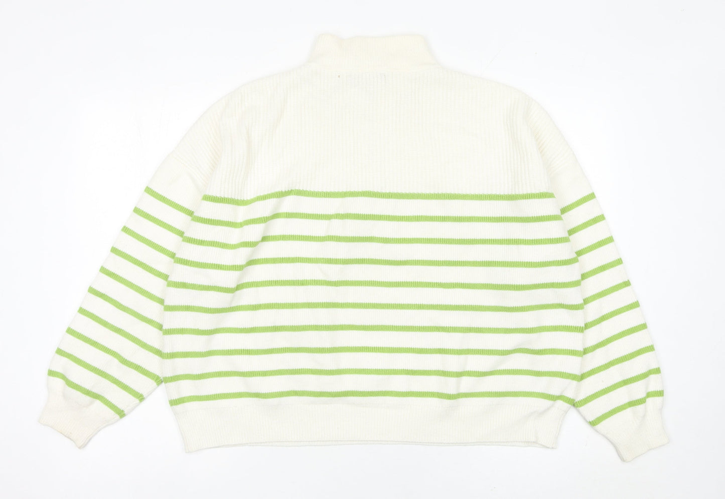 MNG Womens White Green Striped Half Zip High Neck Jumper L