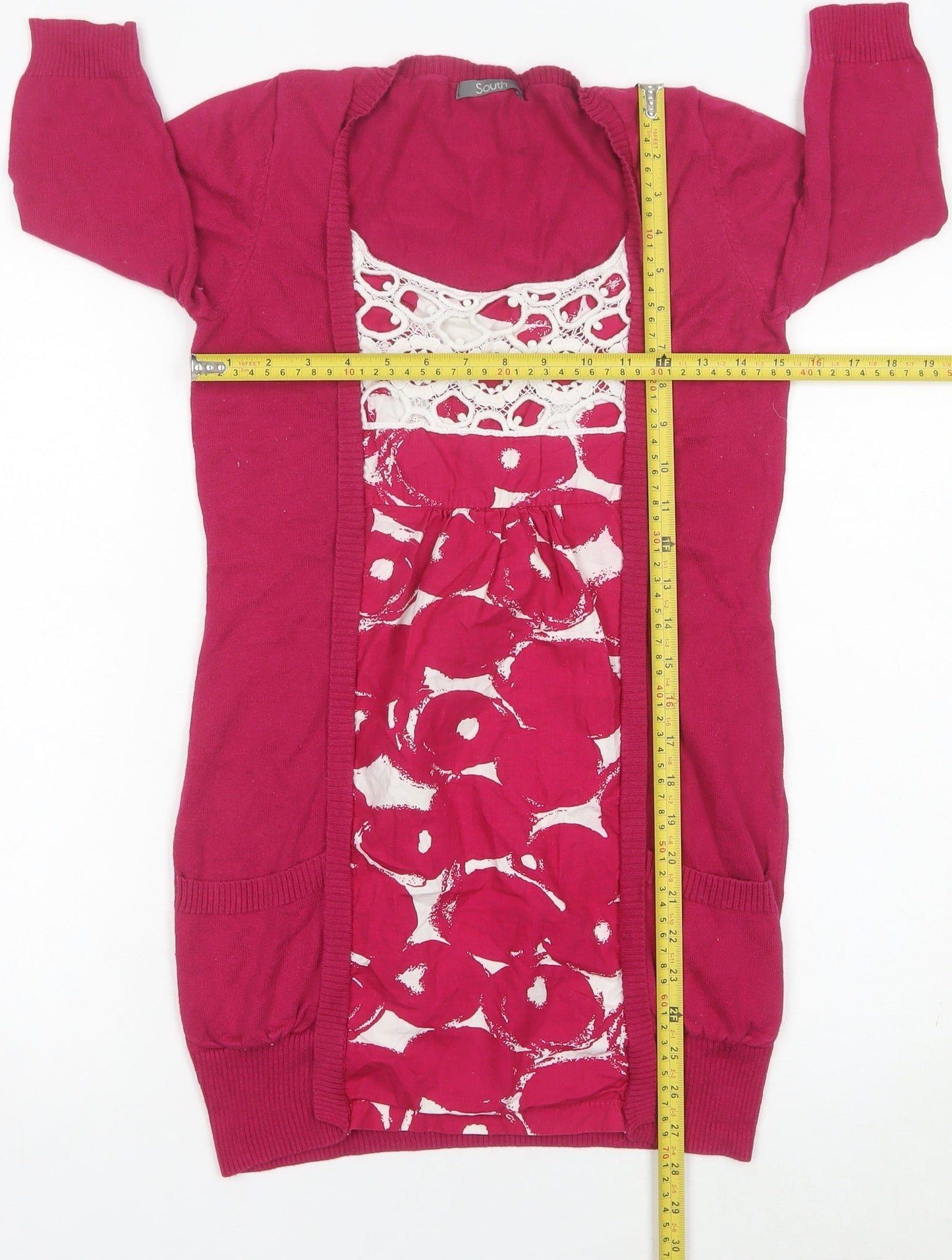 South Women’s Pink Cotton Cardigan UK 10 Floral Crochet Detail