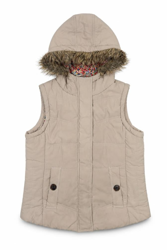 Betty Kay London Women’s Beige Hooded Waistcoat Size 12 Fur Trim