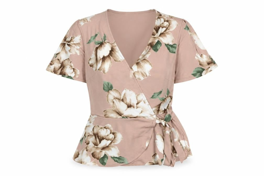Monteau Women’s Pink Floral Wrap Blouse S Short Flutter Sleeve