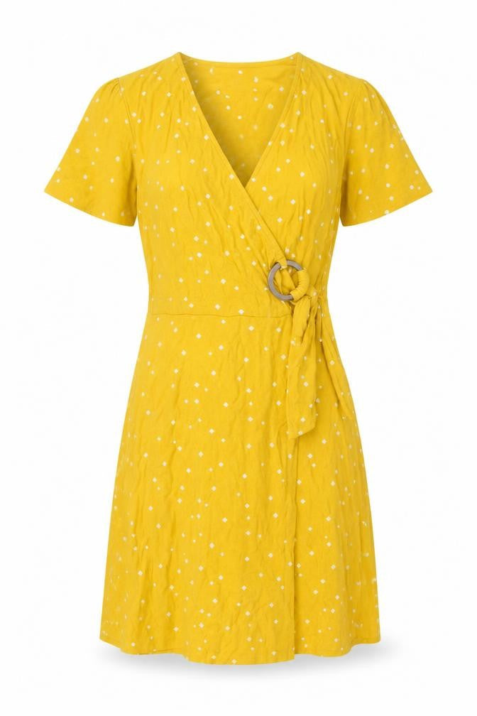 Next Women’s Yellow Wrap Dress Size 6 Short Sleeve V-Neck