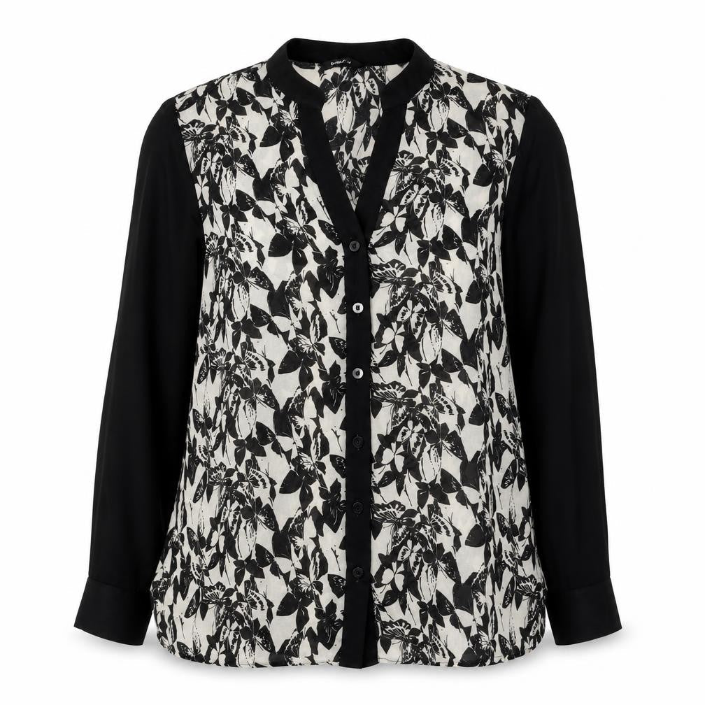 Roman Women's Black Floral Butterfly Chiffon Button-Up Shirt Size 14