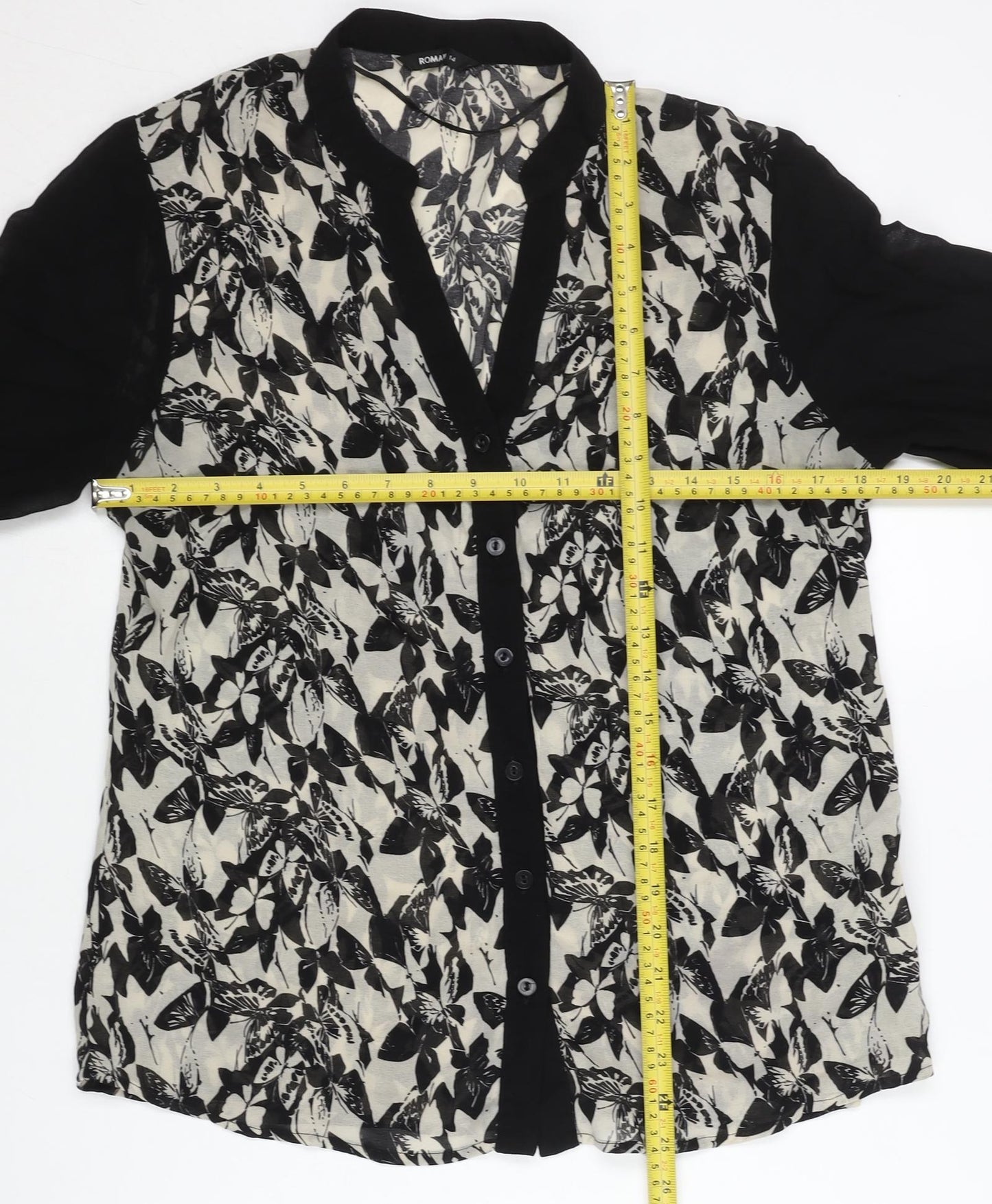 Roman Women's Black Floral Butterfly Chiffon Button-Up Shirt Size 14