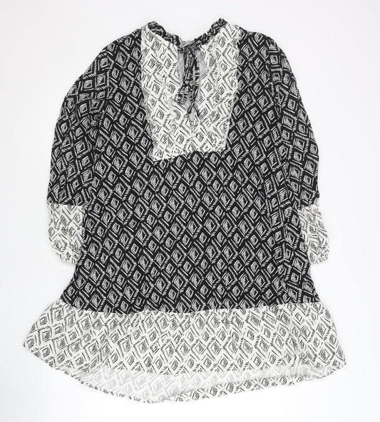 Zara Women’s Black Geometric Shift Dress Size 12 V-Neck Long Sleeve