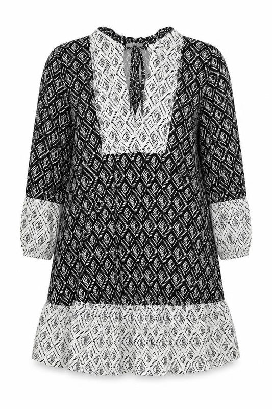 Zara Women’s Black Geometric Shift Dress Size 12 V-Neck Long Sleeve