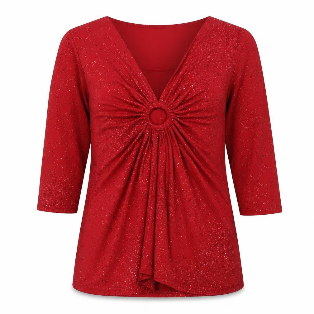 Bonmarché Women’s Red Glitter V-Neck Tunic Blouse M 3/4 Sleeve Party Top