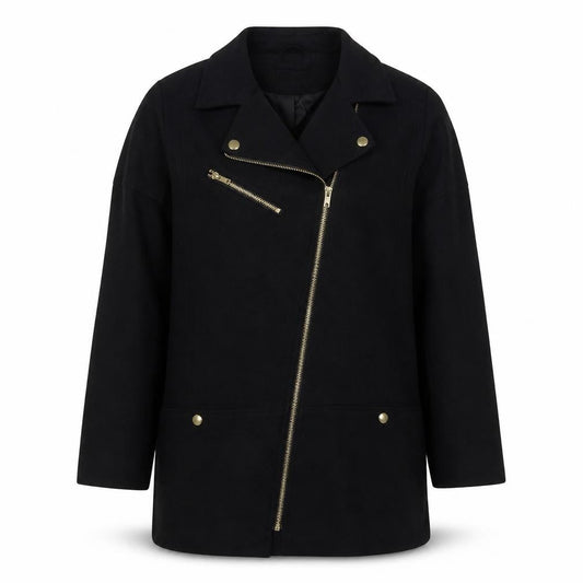 H&M Women’s Black Wool Blend Biker Coat Size 12 Mid Length