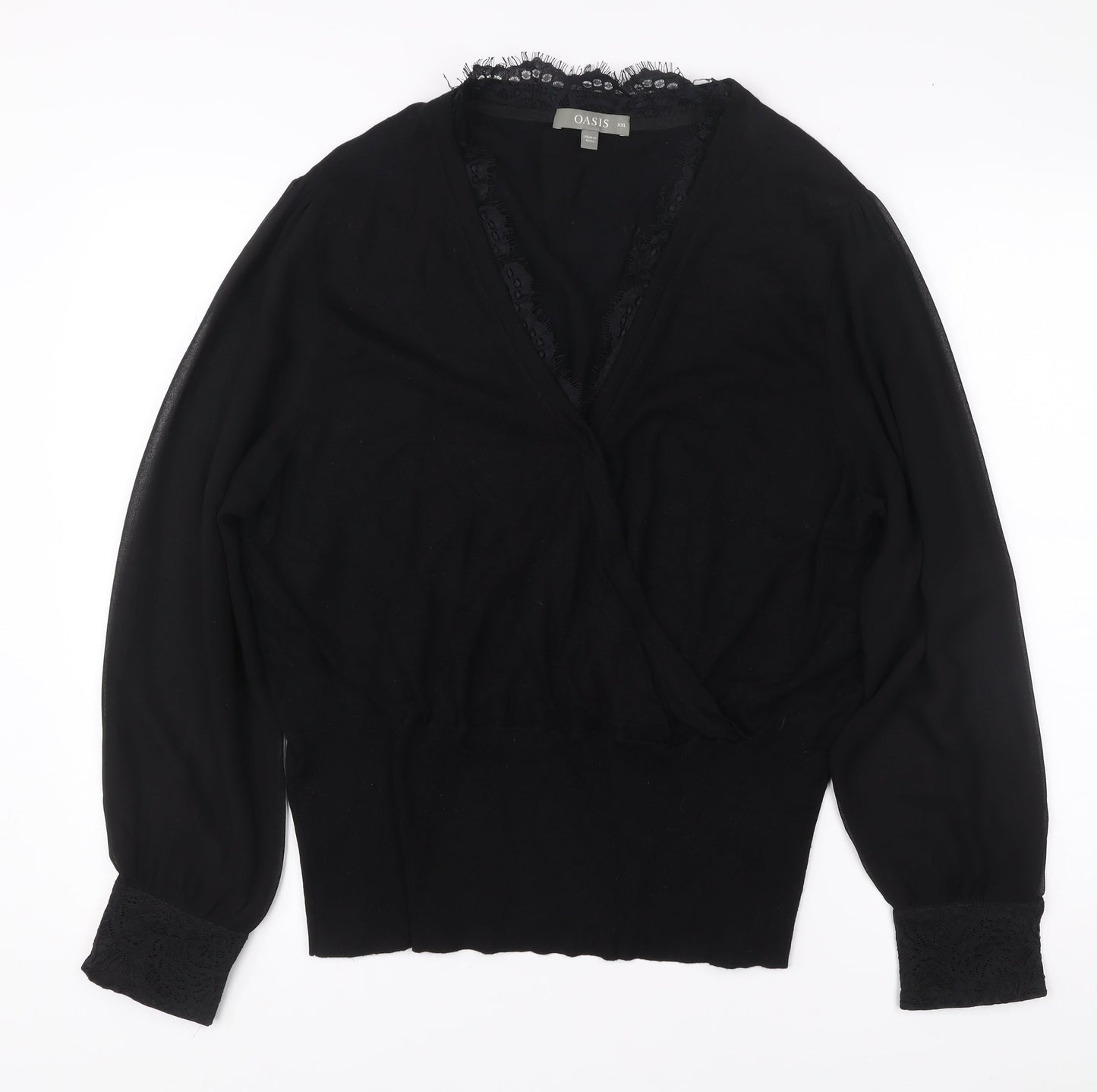 Oasis Womens Black Lace Trim Wrap Blouse Size 2XL Long Sleeve