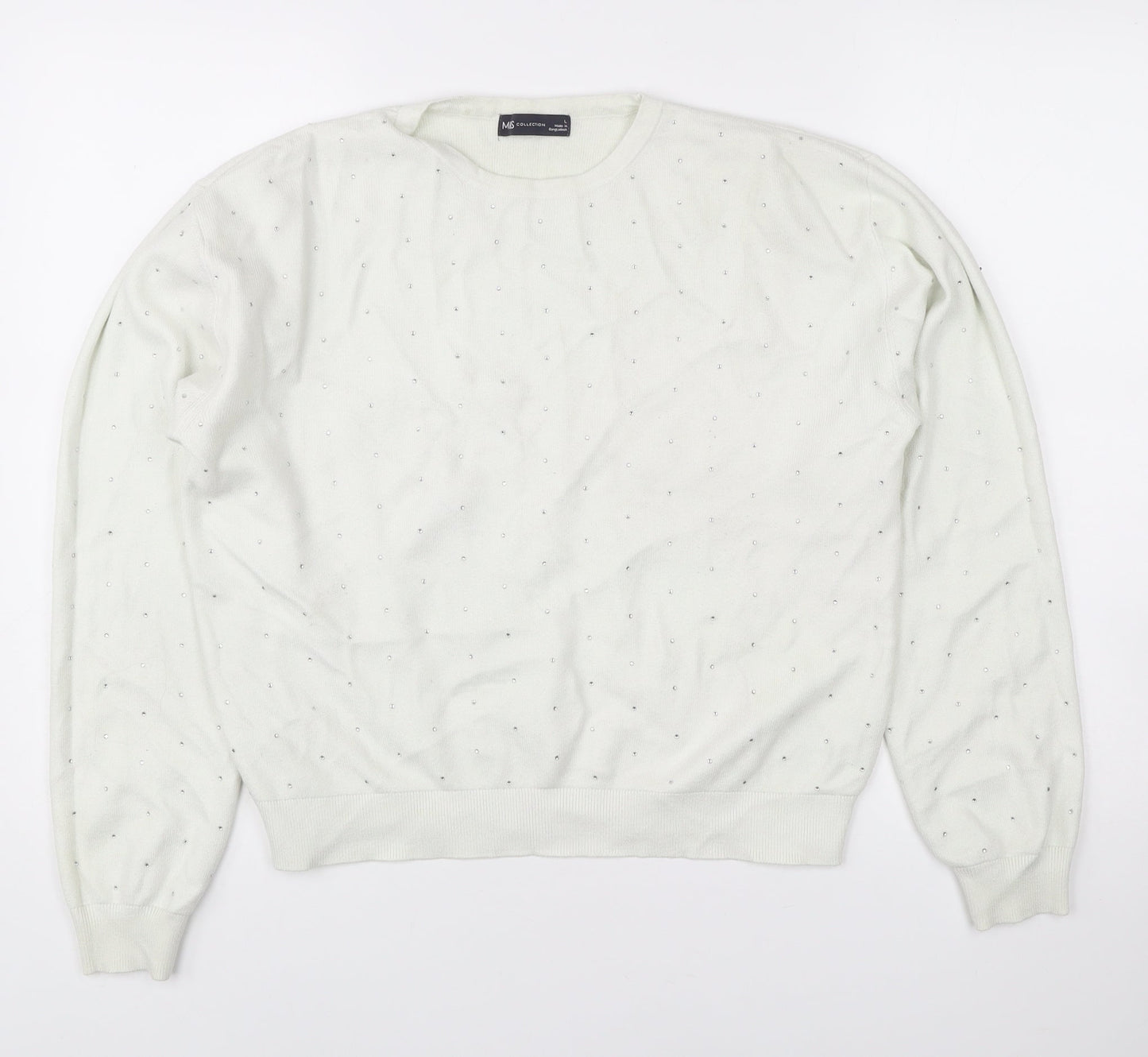 Marks and Spencer Womens White L Pullover Jumper Crew Neck Rhinestone Knit