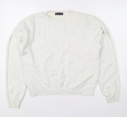 Marks and Spencer Womens White L Pullover Jumper Crew Neck Rhinestone Knit