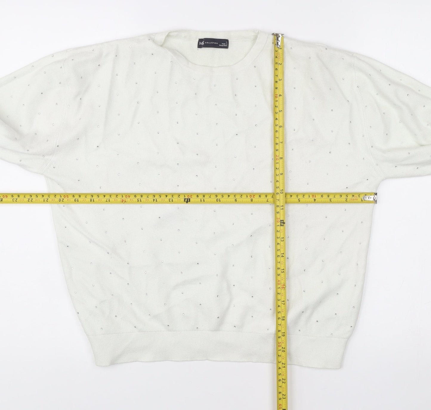 Marks and Spencer Womens White L Pullover Jumper Crew Neck Rhinestone Knit