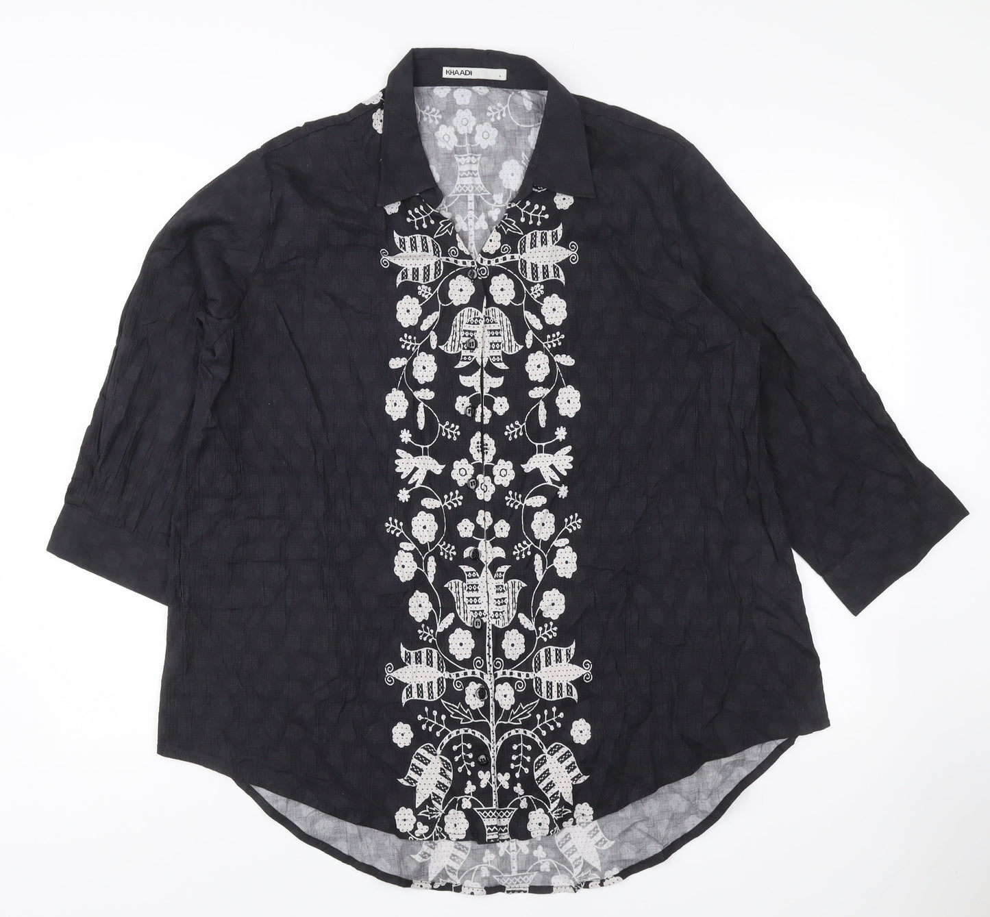 Khaadi Women’s Black Embroidered Tunic Blouse Size L 3/4 Sleeve Floral