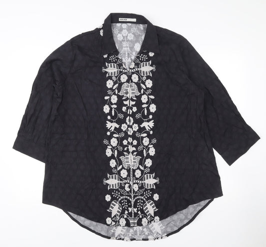Khaadi Women’s Black Embroidered Tunic Blouse Size L 3/4 Sleeve Floral