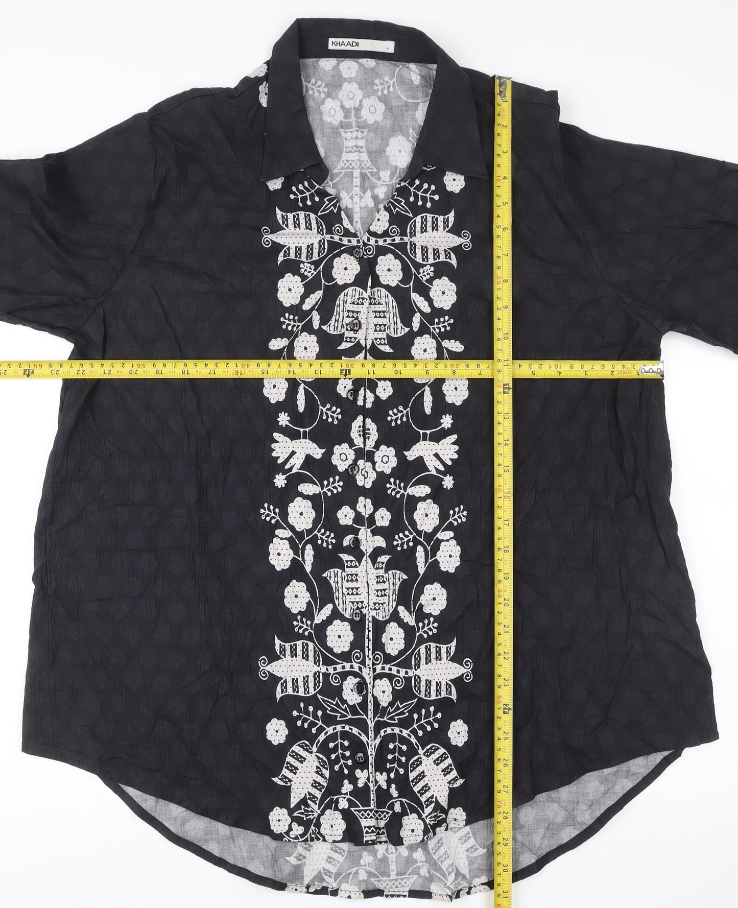 Khaadi Women’s Black Embroidered Tunic Blouse Size L 3/4 Sleeve Floral