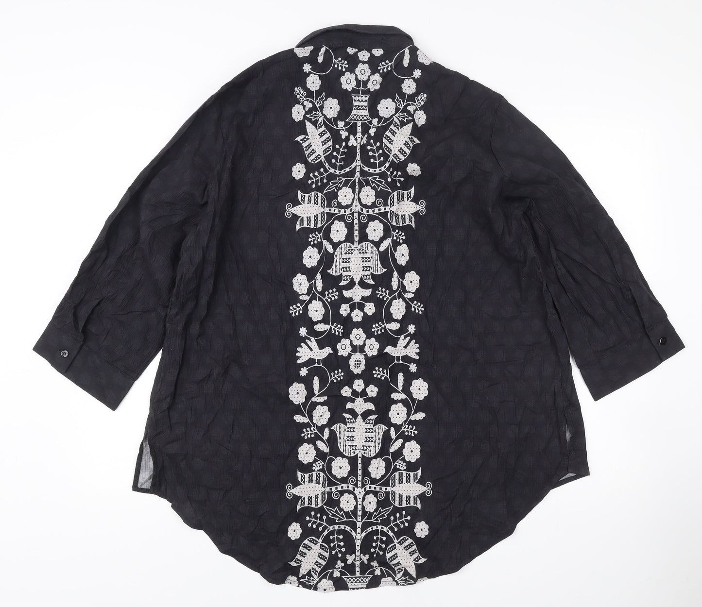 Khaadi Women’s Black Embroidered Tunic Blouse Size L 3/4 Sleeve Floral