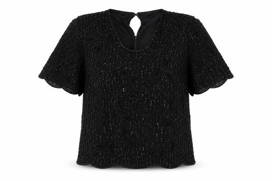 Glamour Women’s Black Beaded Viscose Tunic Blouse M Short Sleeve