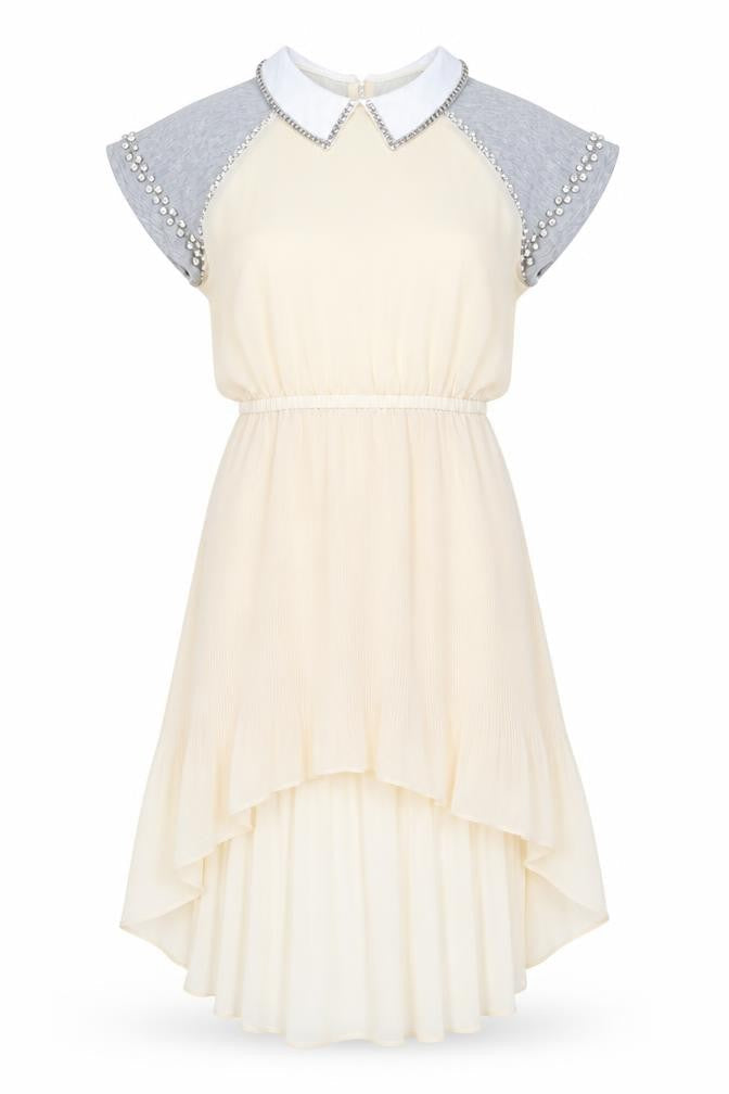 Ci Ci London Womens Beige Grey A-Line Dress Size S Collared Beaded Party