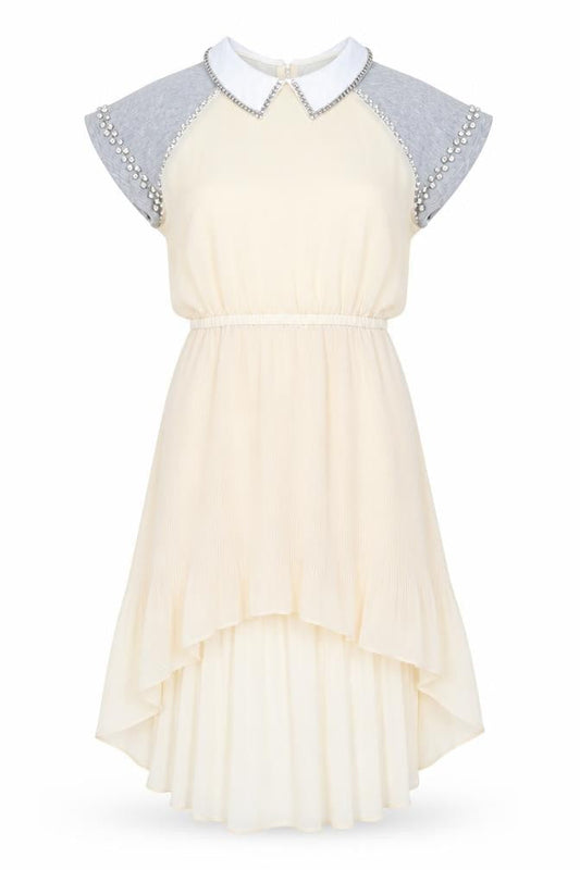 Ci Ci London Womens Beige Grey A-Line Dress Size S Collared Beaded Party