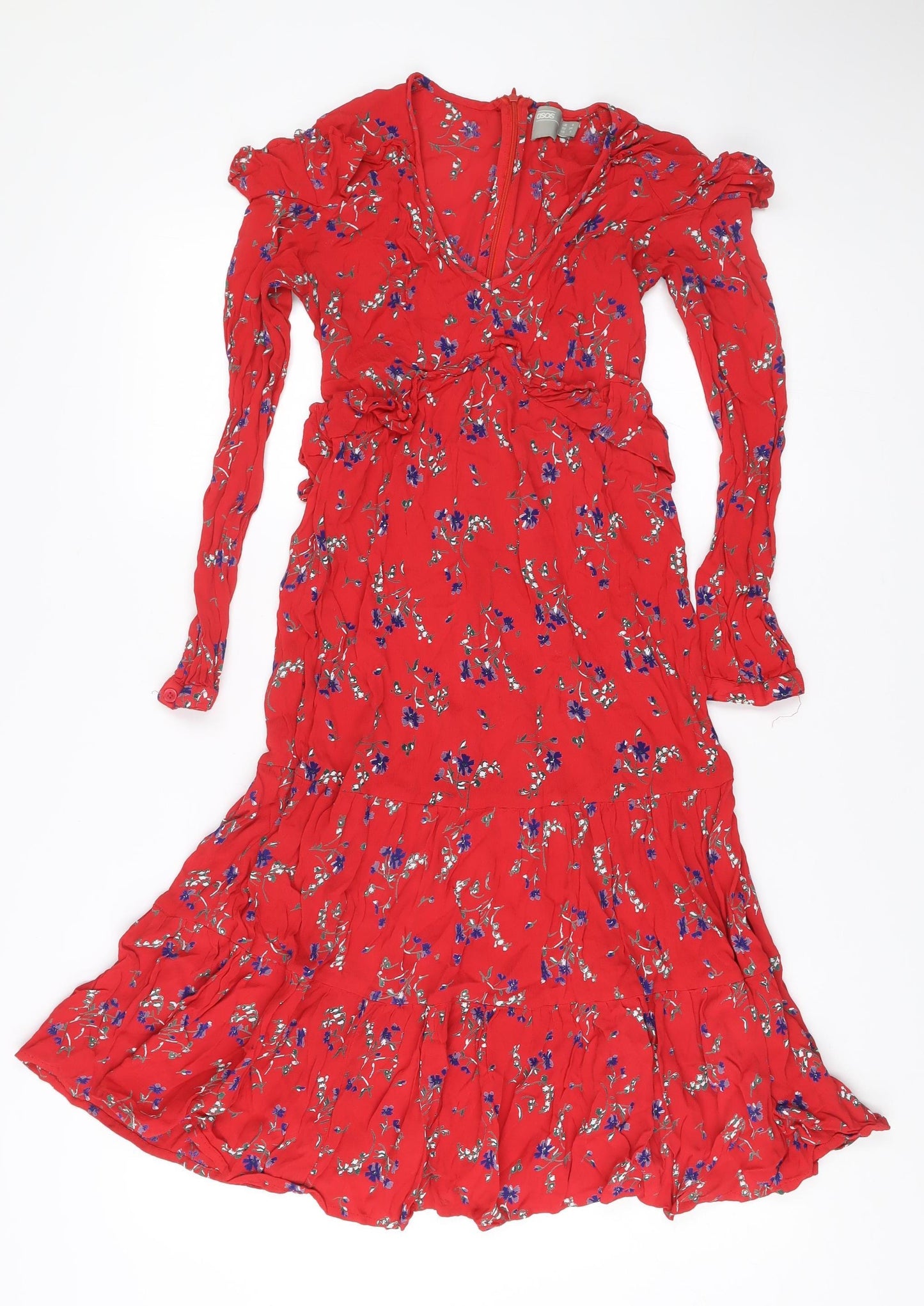 ASOS Women's Red Floral Midi Wrap Dress Size 8 Long Sleeve V-Neck