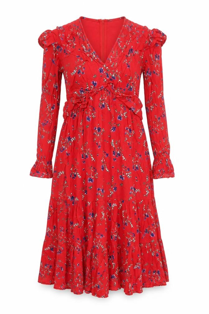 ASOS Women's Red Floral Midi Wrap Dress Size 8 Long Sleeve V-Neck