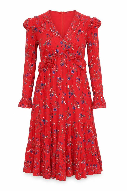 ASOS Women's Red Floral Midi Wrap Dress Size 8 Long Sleeve V-Neck