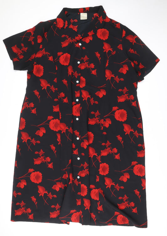 Classics Women’s Black Red Floral Shirt Dress L Short Sleeve Midi