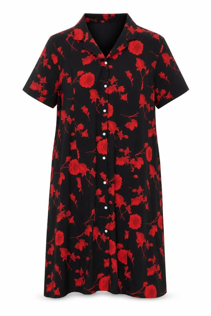 Classics Women’s Black Red Floral Shirt Dress L Short Sleeve Midi