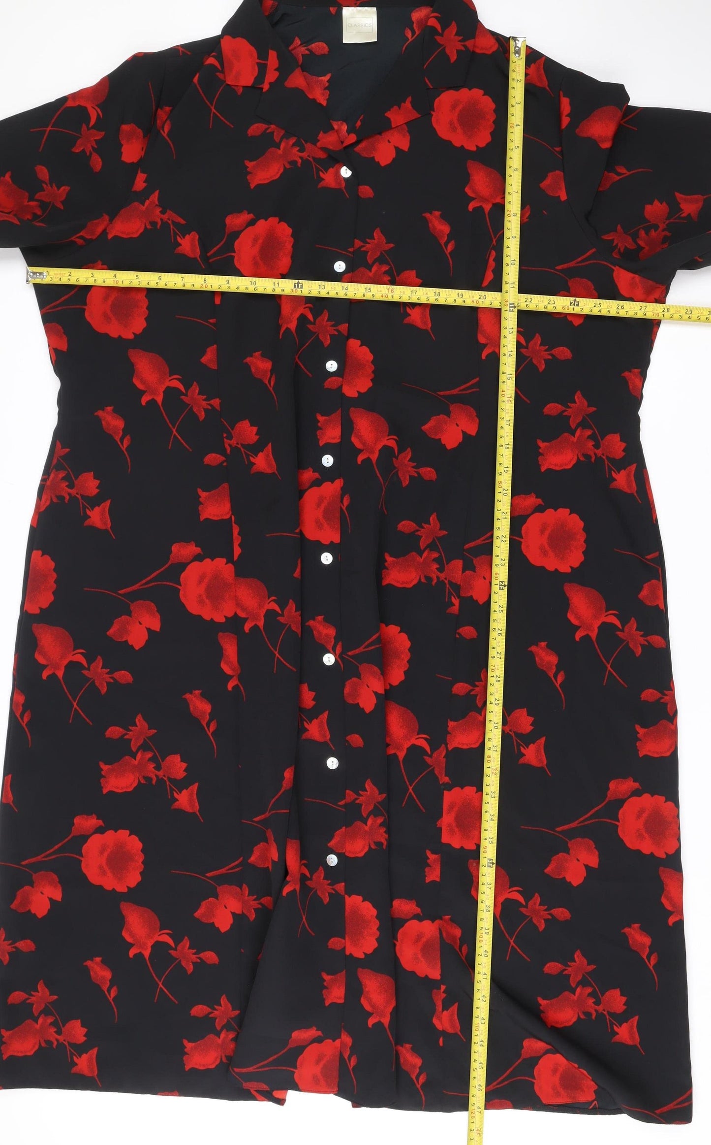 Classics Women’s Black Red Floral Shirt Dress L Short Sleeve Midi