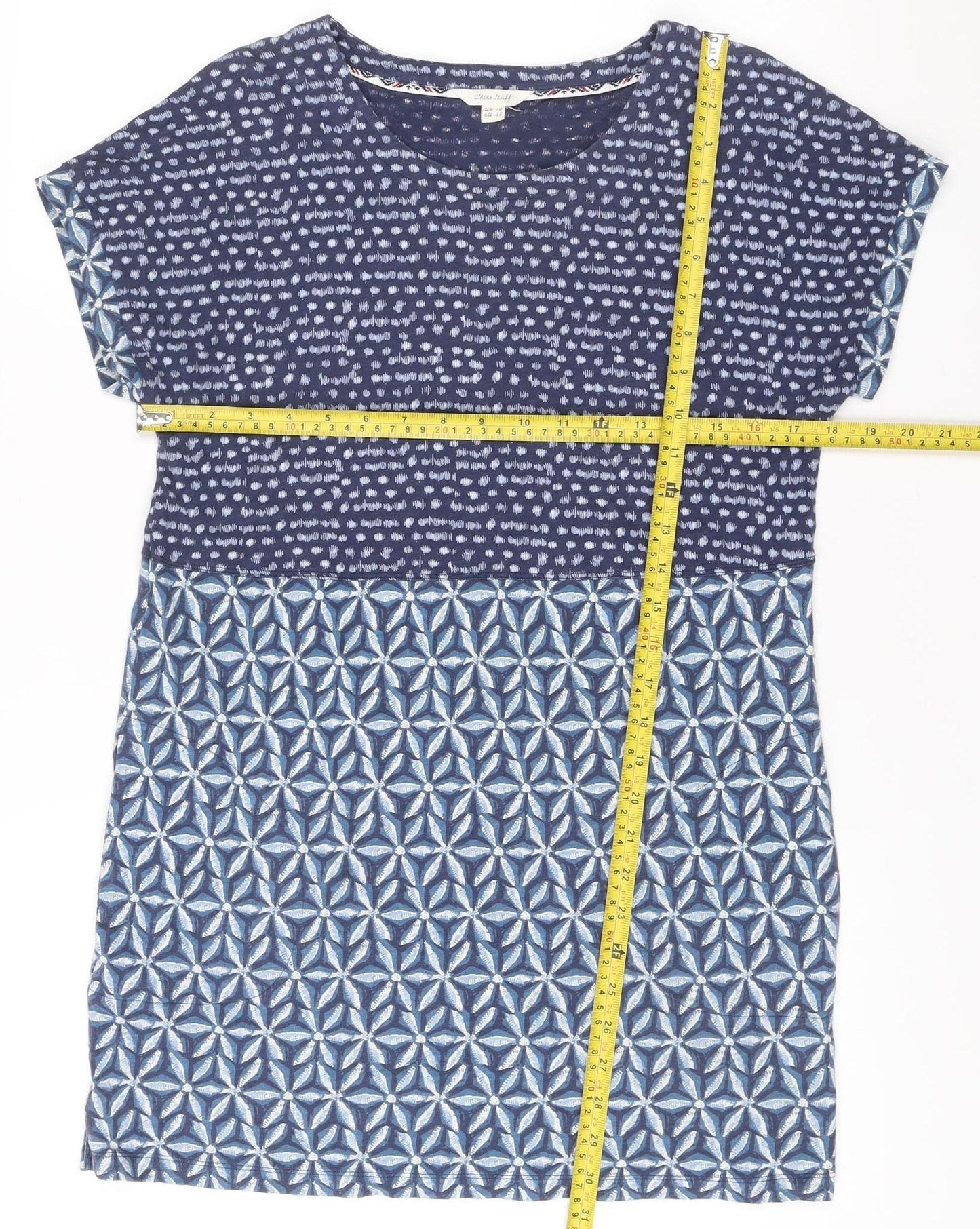 White Stuff Women’s Blue Cotton Shift Dress Size 10 Geometric Print