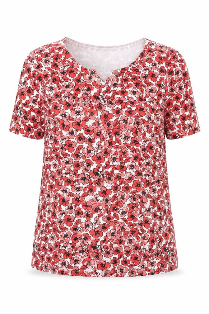 Bonmarché Women’s Red Floral T-Shirt Size M Scoop Neck