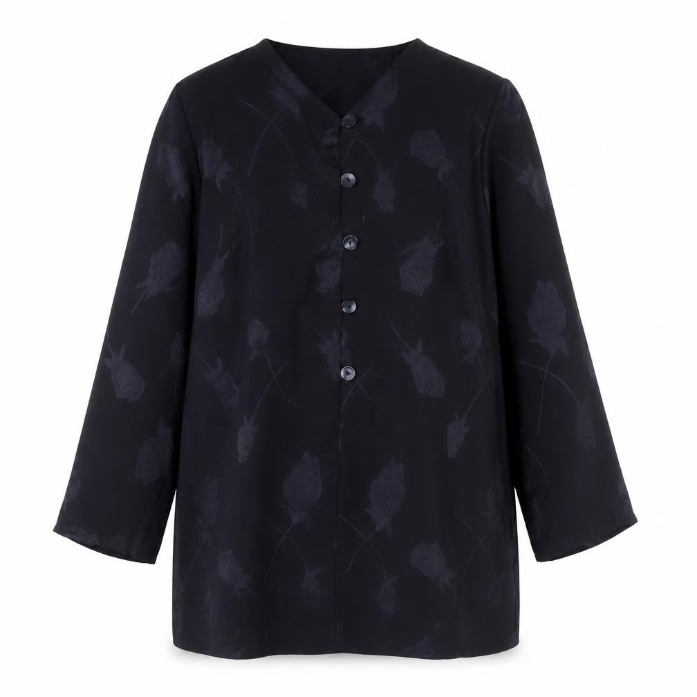 Janique Womens Black Floral Button Blouse Tunic Top M Long Sleeve