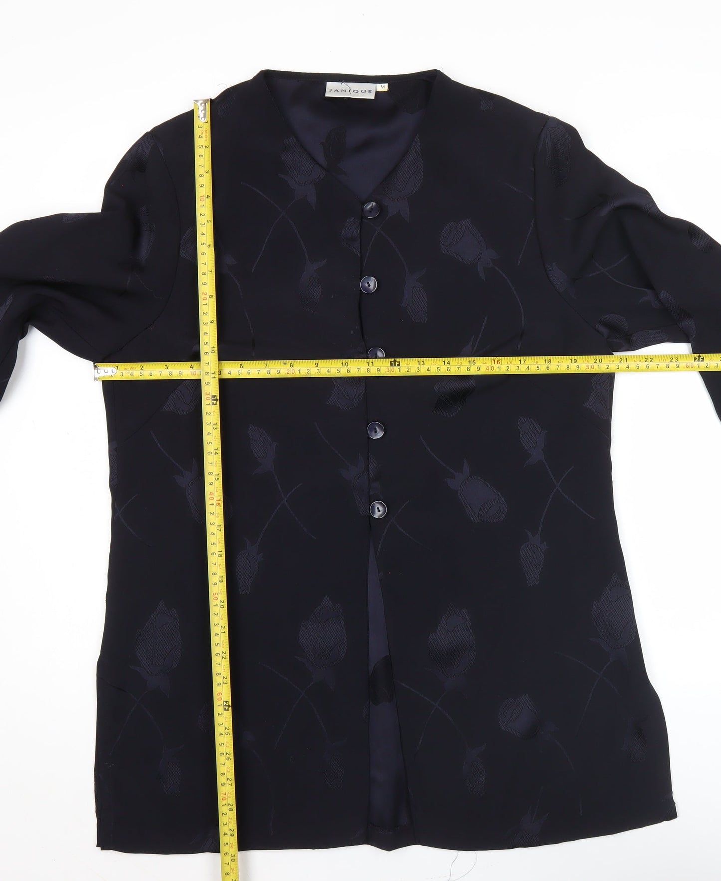 Janique Womens Black Floral Button Blouse Tunic Top M Long Sleeve
