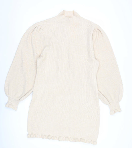 Miss Selfridge Womens Beige Mock Neck Jumper Size 12 Long Sleeve Puff