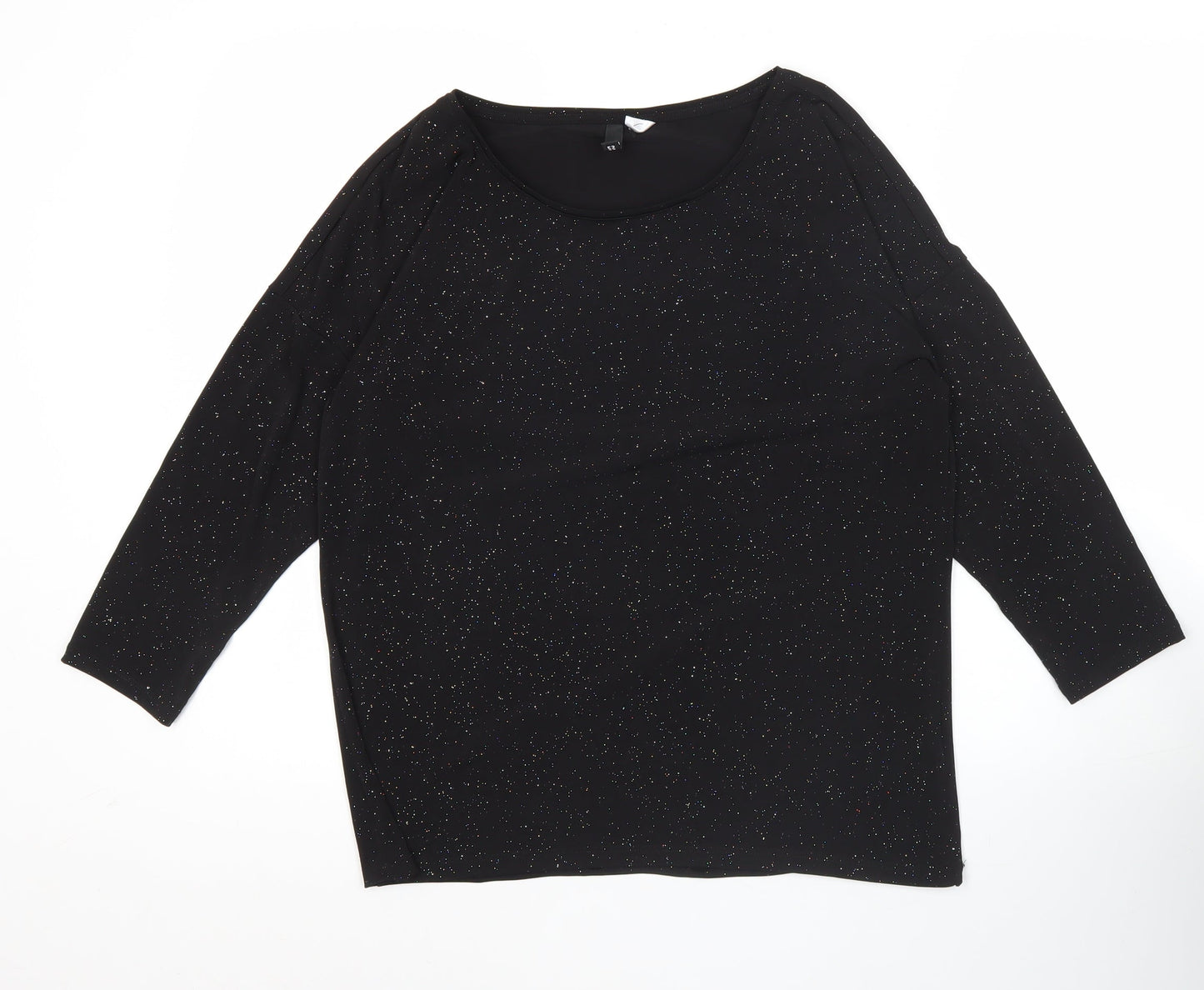 H&M Divided Womens Black Glitter T-Shirt Size 12 Scoop Neck 3/4 Sleeve