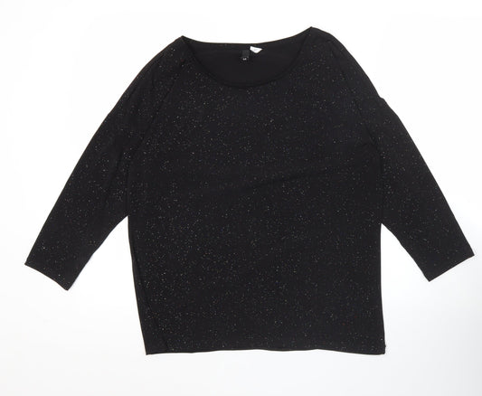 H&M Divided Womens Black Glitter T-Shirt Size 12 Scoop Neck 3/4 Sleeve