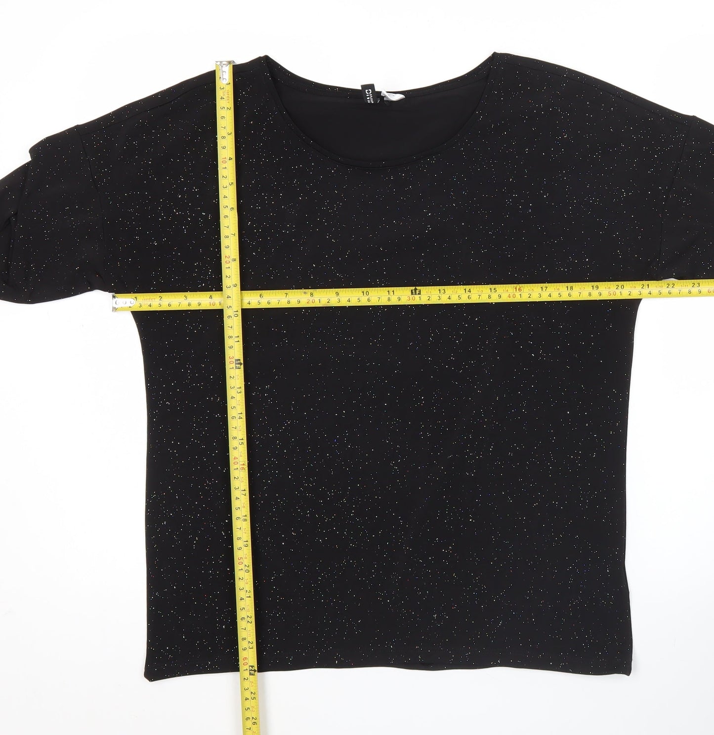 H&M Divided Womens Black Glitter T-Shirt Size 12 Scoop Neck 3/4 Sleeve
