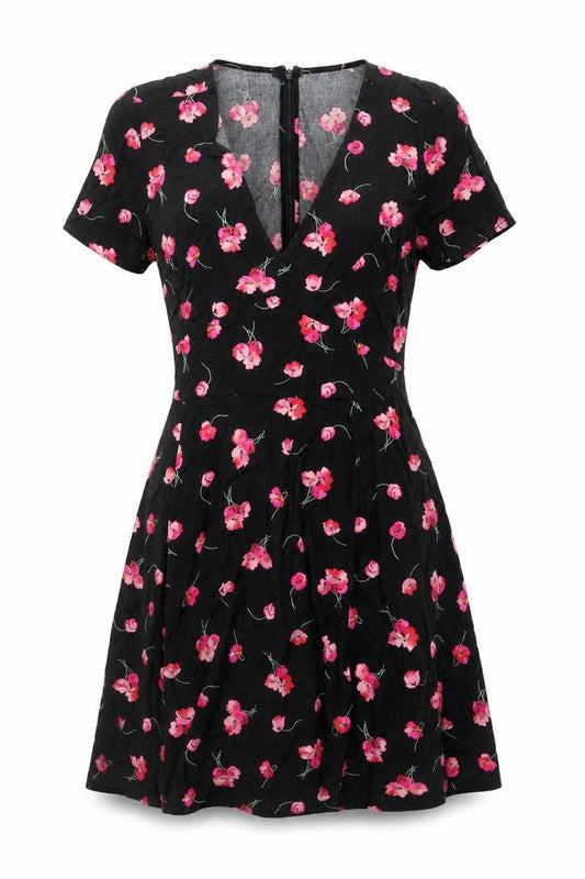 Gap Women’s Black Floral Fit & Flare V-Neck Knee Length Dress Size 8