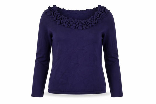 Front view of L.K. Bennett Women’s Purple Wool Ruffle Blouse, size M, Long Sleeve