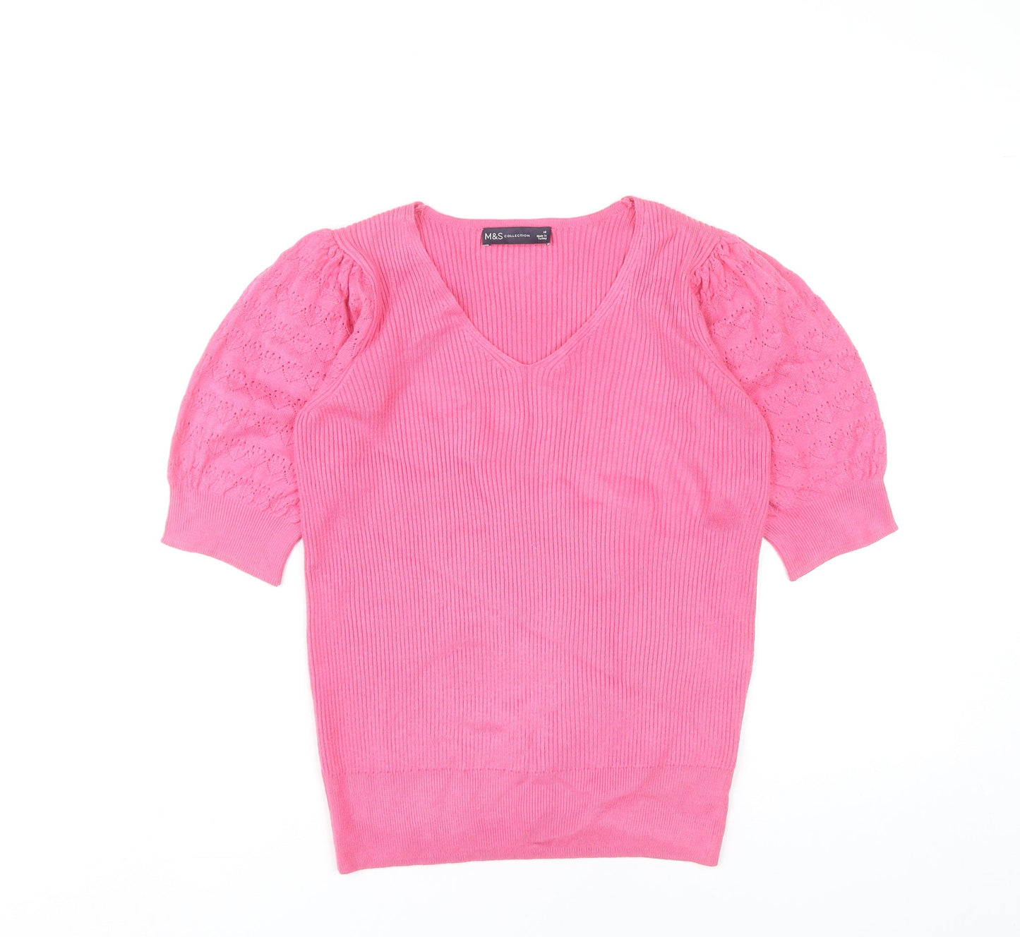 Marks and Spencer Women’s Pink Knit V-Neck Puff Sleeve Blouse Size 10