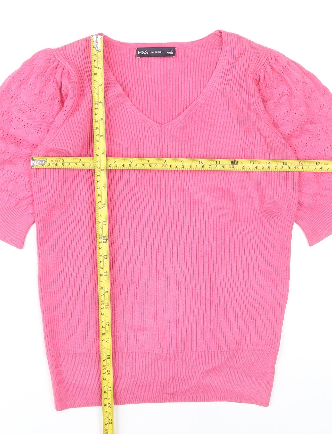 Marks and Spencer Women’s Pink Knit V-Neck Puff Sleeve Blouse Size 10