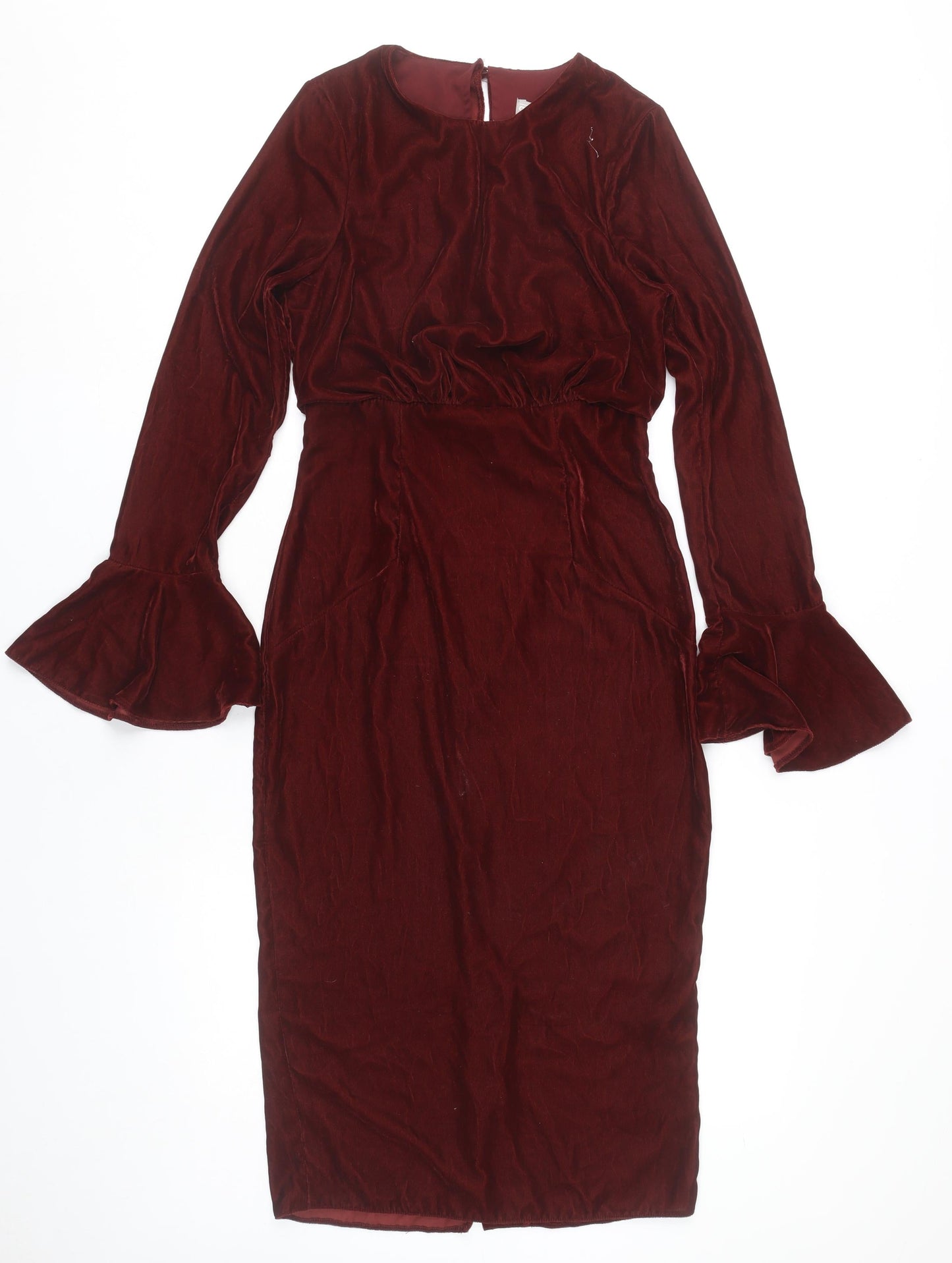 ASOS Women’s Red Velvet Midi Sheath Dress Size 6 Long Bell Sleeves